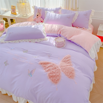 91家纺网 家纺一手货源 找家纺 （总）灰鲸 灰鲸 2025新款水洗双层纱玫瑰兔毛贴布绣四件套-蝶恋