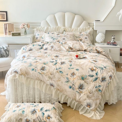 91家纺网 家纺一手货源 找家纺 2025新款法式油画风田园花卉长绒磨毛棉床裙四件套 花影缤纷-咖