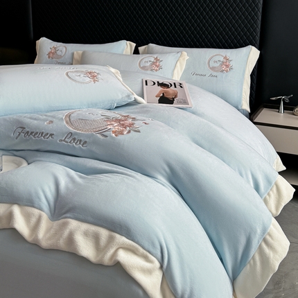 KA家纺 2025新款绣花牛奶绒四件套-玫瑰庄园系列 玫瑰庄园清胭蓝