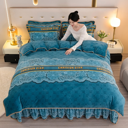 91家纺网 家纺一手货源 找家纺 静缘分 2024新款特厚8.5斤牛奶绒金貂绒床裙款保暖四件套-精雕细刻