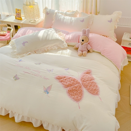 91家纺网 家纺一手货源 找家纺 （总）灰鲸 灰鲸 2025新款水洗双层纱玫瑰兔毛贴布绣四件套-蝶恋