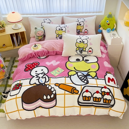 91家纺网 家纺一手货源 找家纺 米帛家纺 2024新款正版授权大版三丽鸥牛奶绒四件套 大眼蛙