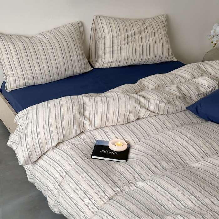 91家纺网 家纺一手货源 找家纺 玛奇朵 2024新款文艺复古色织双层皱皱纱-苏里南系列四件套 苏里南（藏兰床单）