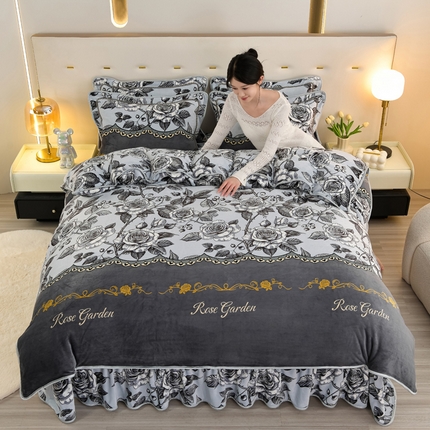 91家纺网 家纺一手货源 找家纺 静缘分 2025新款230克特厚8.5斤牛奶绒金貂绒床裙款保暖四件套-玫瑰花语