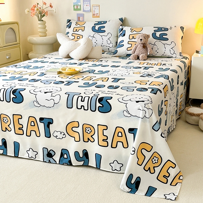 91家纺网 家纺一手货源 找家纺 妖妖家纺 2024新款超柔软糯水洗云朵棉印花单床单 棒棒比熊