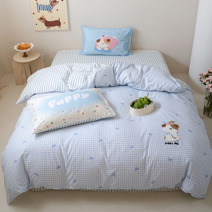 91家纺网 家纺一手货源 找家纺 窝米2024毛巾绣x数码 13370全棉撞色卡通系列四件套 puppy