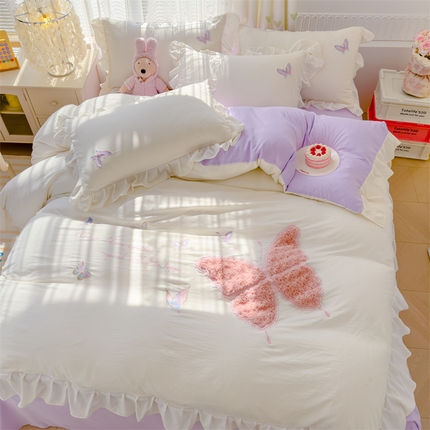 91家纺网 家纺一手货源 找家纺 （总）灰鲸 灰鲸 2025新款水洗双层纱玫瑰兔毛贴布绣四件套-蝶恋