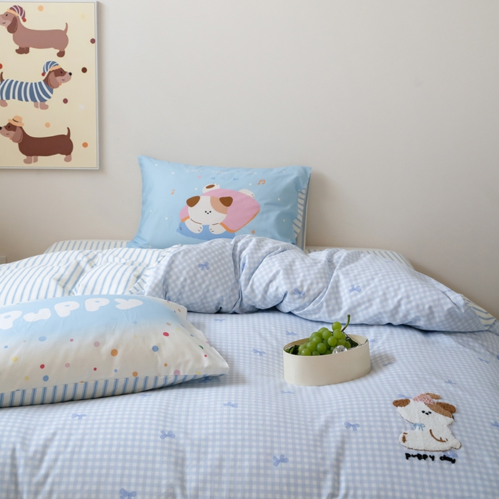 91家纺网 家纺一手货源 找家纺 窝米2024毛巾绣x数码 13370全棉撞色卡通系列四件套 puppy