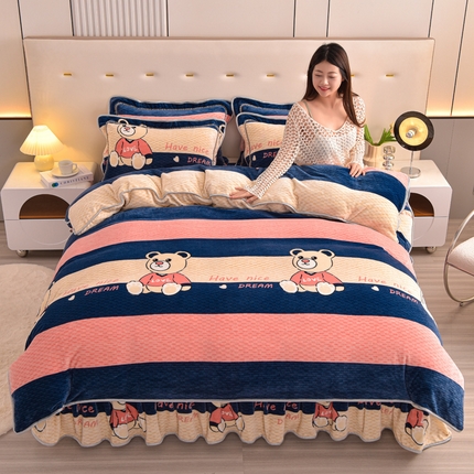 91家纺网 家纺一手货源 找家纺 静缘分 2025新款230克特厚8.5斤牛奶绒金貂绒床裙款保暖四件套-宝贝熊