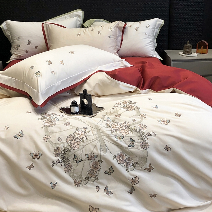 91家纺网 家纺一手货源 找家纺 黑白森林 2024新款50X50S刺绣系列四件套-薇尔花园 薇尔花园-红