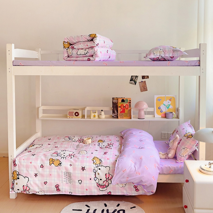 91家纺网 家纺一手货源 找家纺 楠沐家纺 2025新款亲肤芦荟棉印花学生宿舍上下铺四件套三件套 紫色KT猫