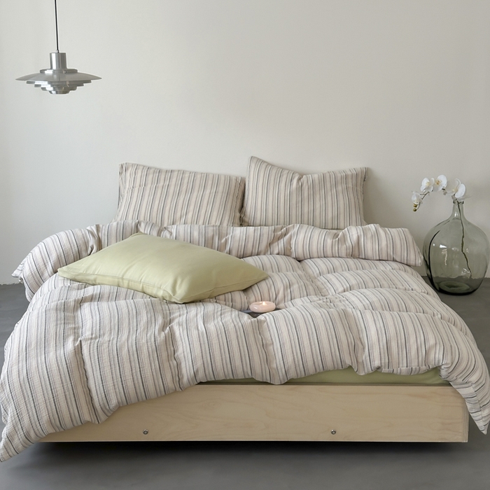 91家纺网 家纺一手货源 找家纺 玛奇朵 2024新款文艺复古色织双层皱皱纱-苏里南系列四件套 苏里南（浅绿床单）