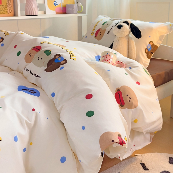 91家纺网 家纺一手货源 找家纺 楠沐家纺 2025新款亲肤芦荟棉印花学生宿舍上下铺四件套三件套 复古小熊