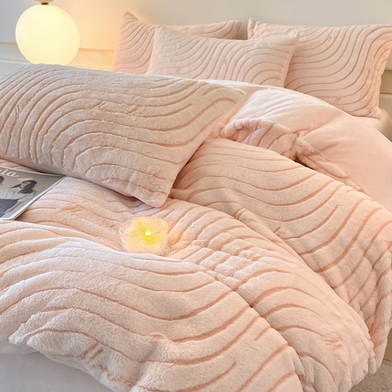 2024新款高克重着色烂花兔毛绒牛奶绒四件套宝宝绒婴儿绒秋冬加厚法莱绒法兰绒珊瑚绒三件套 波浪-米糯粉