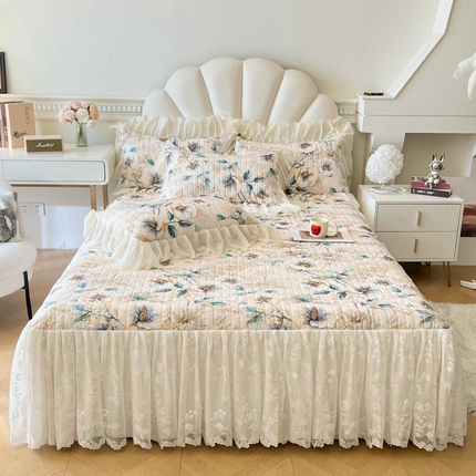 91家纺网 家纺一手货源 找家纺 恋尚 2025新款法式油画风田园花卉长绒磨毛棉床裙 花影缤纷-咖