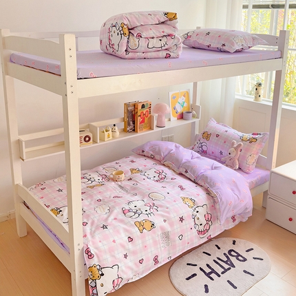 楠沐家纺 2025新款亲肤芦荟棉印花学生宿舍上下铺四件套三件套 紫色KT猫