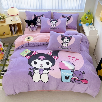 米帛家纺 2024新款正版授权大版三丽鸥牛奶绒四件套 紫色库洛米