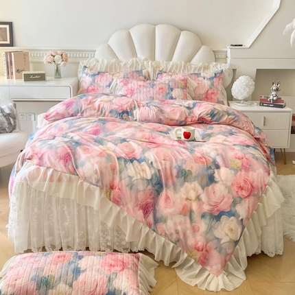 91家纺网 家纺一手货源 找家纺 2025新款法式油画风田园花卉长绒磨毛棉床裙四件套 暖暖花香