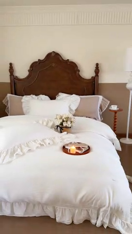 91家纺网 家纺一手货源 找家纺 玛奇朵 2024新款皱皱纱法式慵懒风奶芙蕾丝系列四件套 奶芙蕾丝-月白