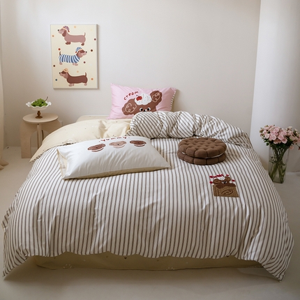 窝米2024毛巾绣x数码 13370全棉撞色卡通系列四件套 奶油小狗