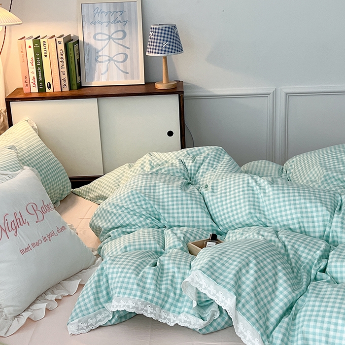 91家纺网 家纺一手货源 找家纺 昔可家纺 2024新款m1u系格子蕾丝花边四件套 森系绿格