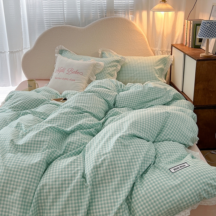 91家纺网 家纺一手货源 找家纺 昔可家纺 2024新款m1u系格子蕾丝花边四件套 森系绿格