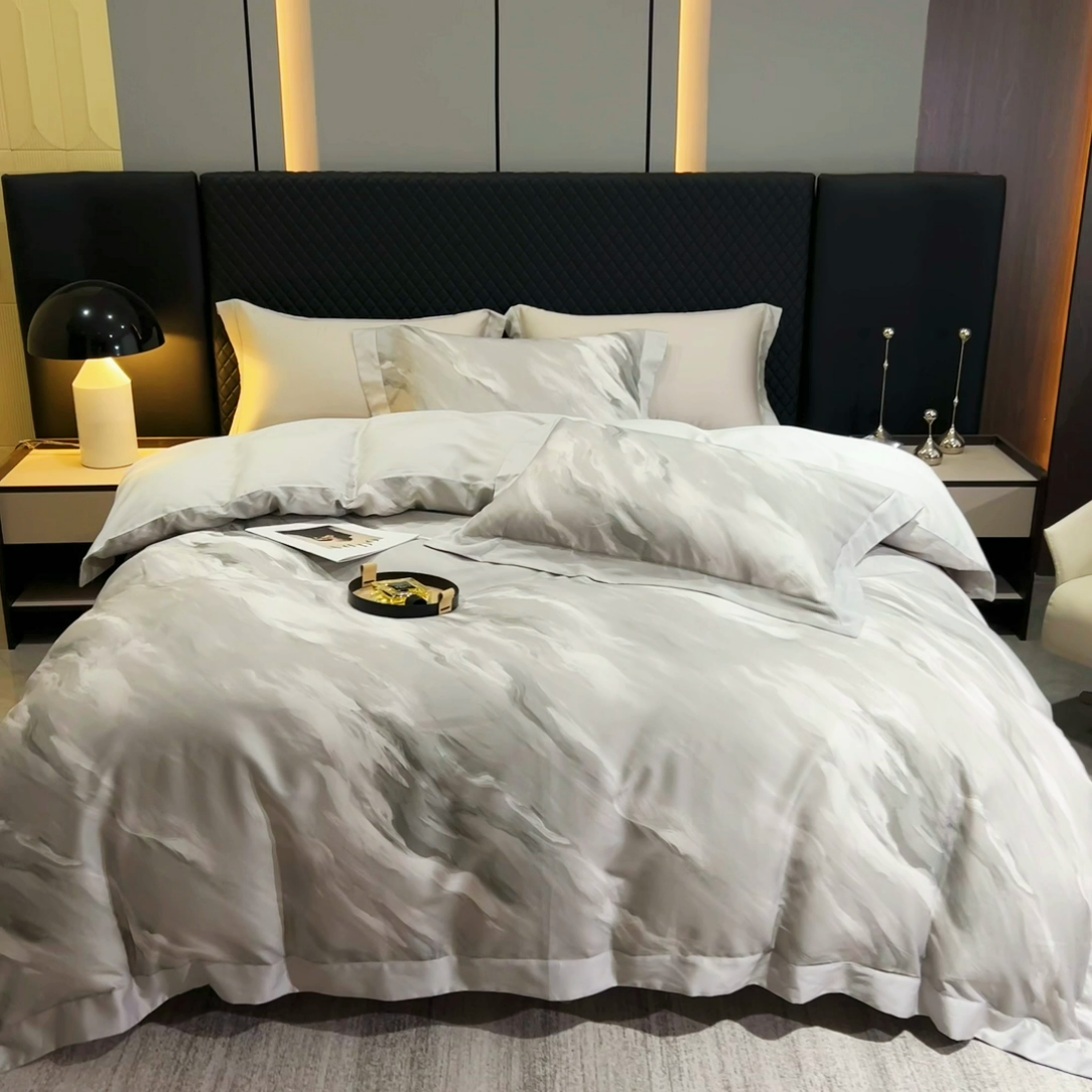 91家纺网 家纺一手货源 找家纺 氧家 2024新款数码印花天丝磨毛艾阳绒四件套 云汉灰