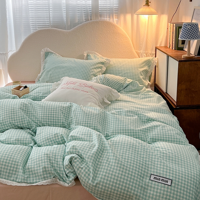 91家纺网 家纺一手货源 找家纺 昔可家纺 2024新款m1u系格子蕾丝花边四件套 森系绿格