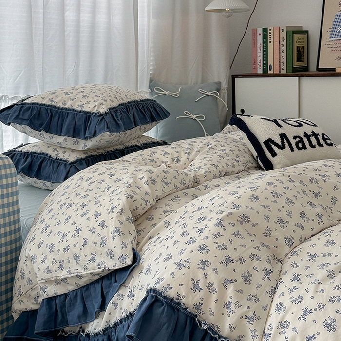 91家纺网 家纺一手货源 找家纺 昔可家纺 2024新款双层纱贴边全棉四件套 复古小蓝花