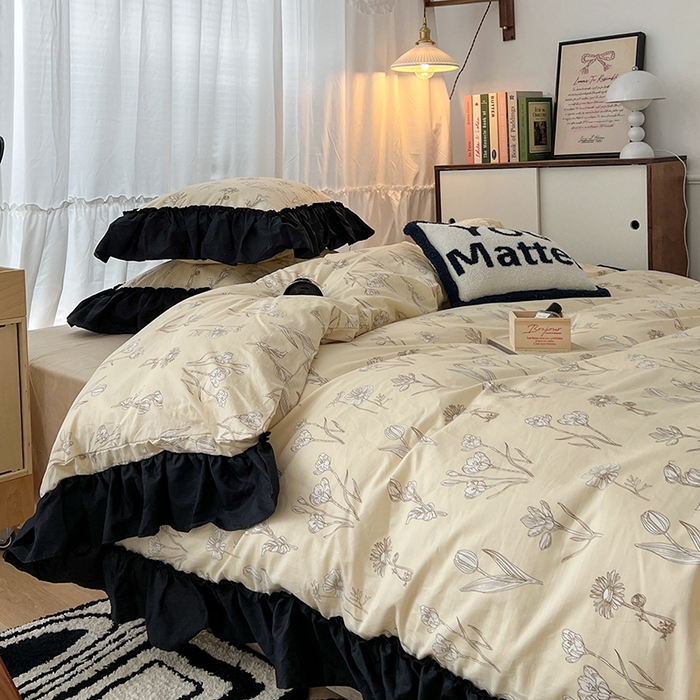 91家纺网 家纺一手货源 找家纺 昔可家纺 2024黑色贴边花边全棉款四件套 水墨栖语