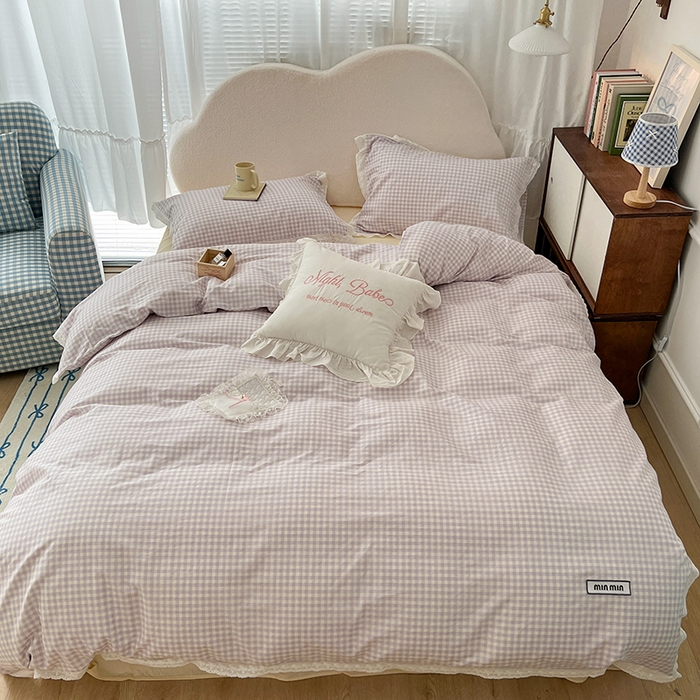 91家纺网 家纺一手货源 找家纺 昔可家纺 2024新款m1u系格子蕾丝花边四件套 奶油紫格