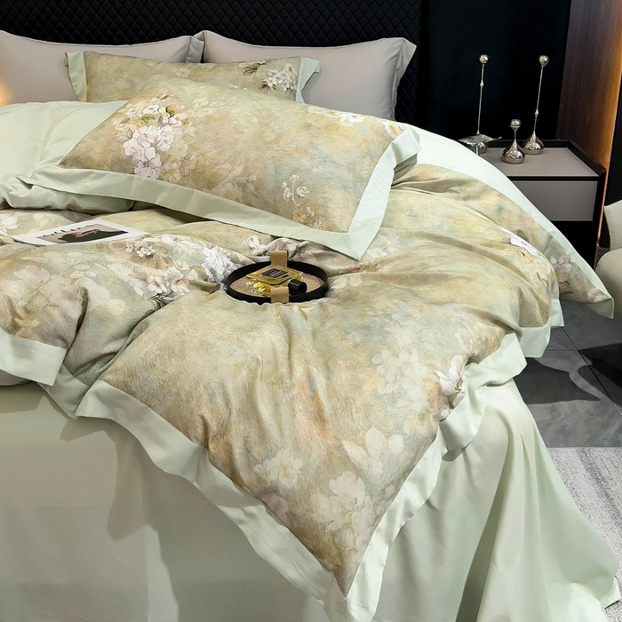 91家纺网 家纺一手货源 找家纺 氧家 2024新款数码印花天丝磨毛艾阳绒四件套 语蓉绿