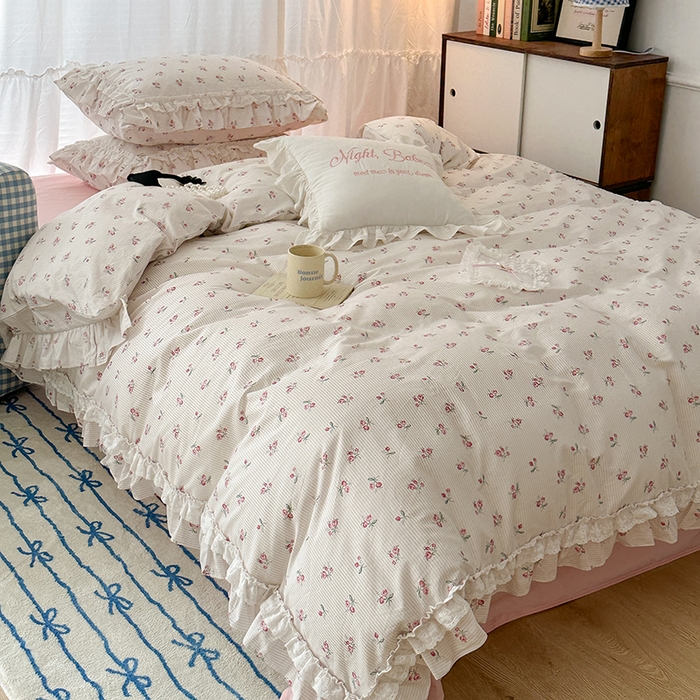 91家纺网 家纺一手货源 找家纺 昔可家纺 2024蕾丝双层花边款全棉四件套 小椿芽