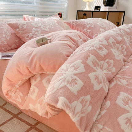 （总）金爱家 2024新款全消光牛奶绒A类纯色獭兔毛绒立体雕花牛奶绒四件套