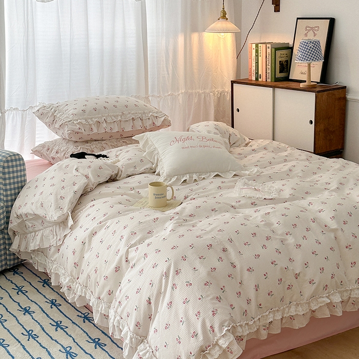 91家纺网 家纺一手货源 找家纺 昔可家纺 2024蕾丝双层花边款全棉四件套 小椿芽