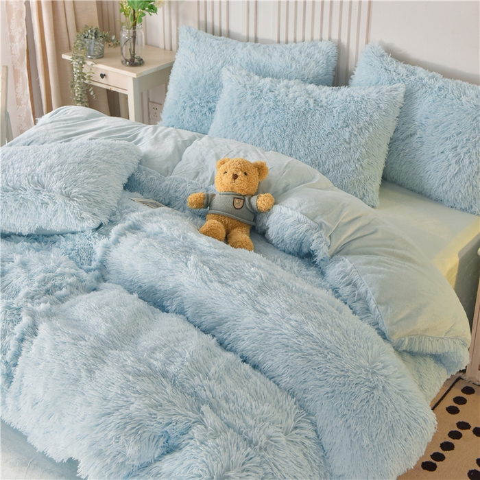 91家纺网 家纺一手货源 找家纺 鑫喜莱 2024新款长毛绒四件套 天蓝