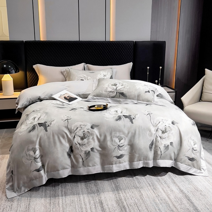 91家纺网 家纺一手货源 找家纺 氧家 2024新款数码印花天丝磨毛艾阳绒四件套 瑶芳灰