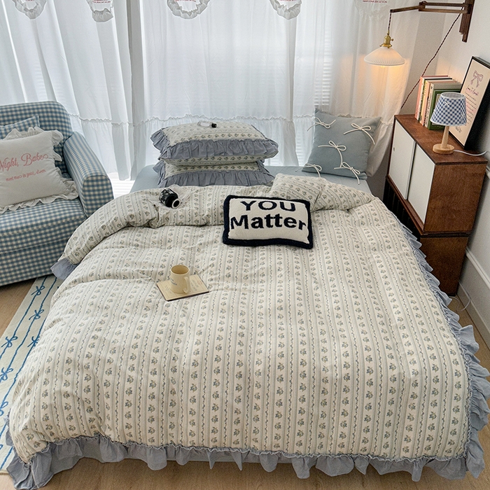 91家纺网 家纺一手货源 找家纺 昔可家纺 2024新款双层纱贴边全棉四件套 蓝茵篱珞