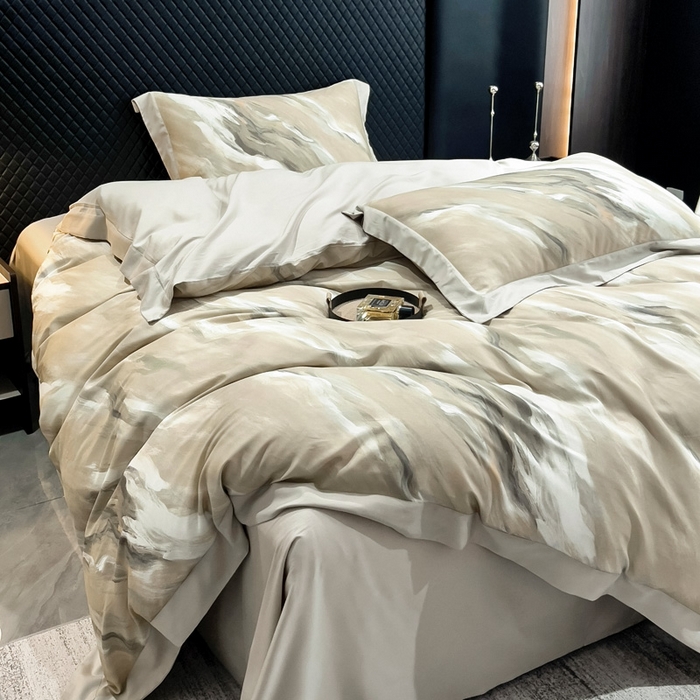 91家纺网 家纺一手货源 找家纺 氧家 2024新款数码印花天丝磨毛艾阳绒四件套 云汉卡其