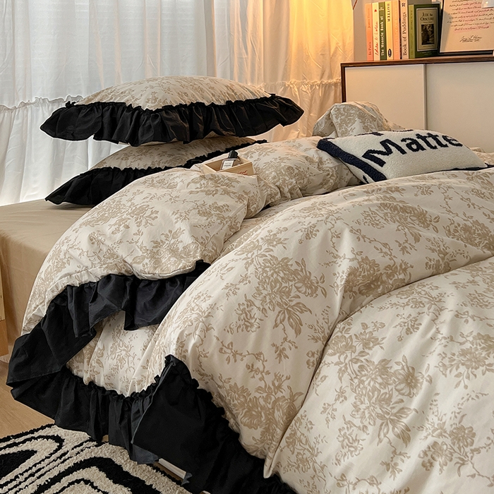 91家纺网 家纺一手货源 找家纺 （总）昔可家纺 2024黑色贴边花边全棉款四件套