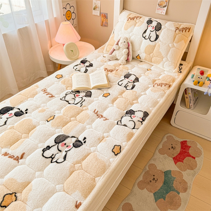 91家纺网 家纺一手货源 找家纺 雯豆家纺 2024新品泰迪绒学生床垫宿舍床褥子加厚上下铺北极绒床护垫 泰迪绒床褥-顽皮狗-咖