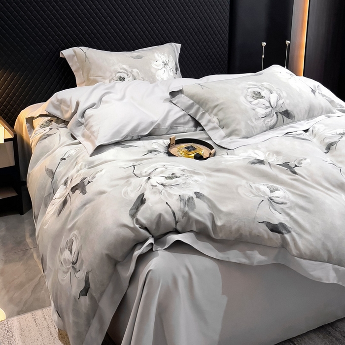 91家纺网 家纺一手货源 找家纺 氧家 2024新款数码印花天丝磨毛艾阳绒四件套 瑶芳灰