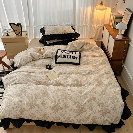 昔可家纺 2024黑色贴边花边全棉款四件套 南枝树影