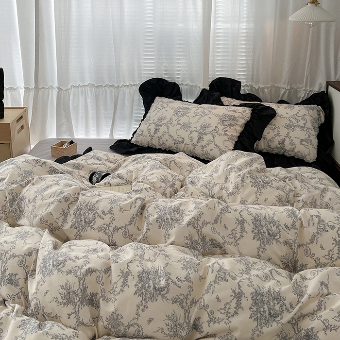 91家纺网 家纺一手货源 找家纺 昔可家纺 2024黑色贴边花边全棉款四件套 香榭假日