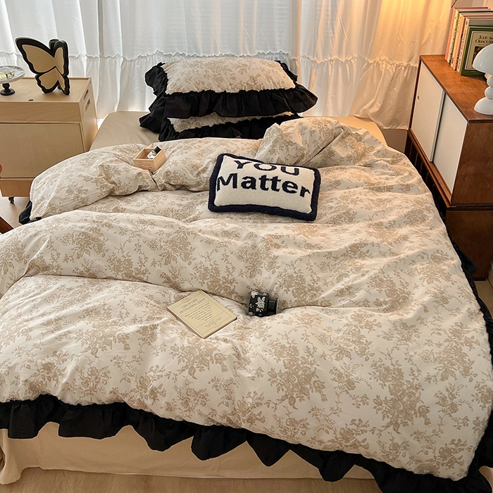 91家纺网 家纺一手货源 找家纺 （总）昔可家纺 2024黑色贴边花边全棉款四件套