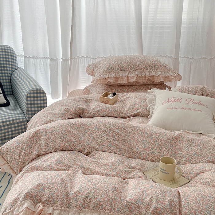 91家纺网 家纺一手货源 找家纺 昔可家纺 2024蕾丝双层花边款全棉四件套 日落花海