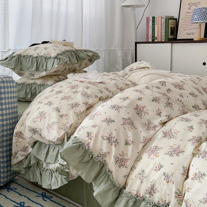 91家纺网 家纺一手货源 找家纺 昔可家纺 2024新款双层纱贴边全棉四件套 山野茉莉