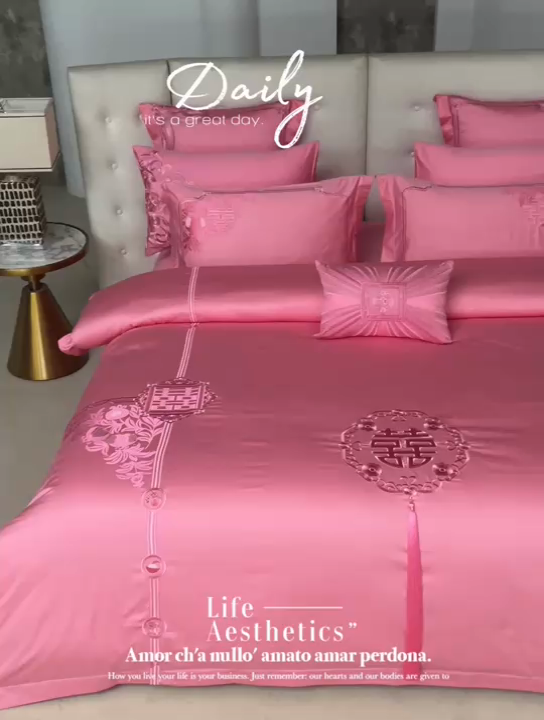 91家纺网 家纺一手货源 找家纺 宏羽纺家纺 2024新款13372纯棉小红书跑量款婚庆套件系列 幸福喜嫁-粉