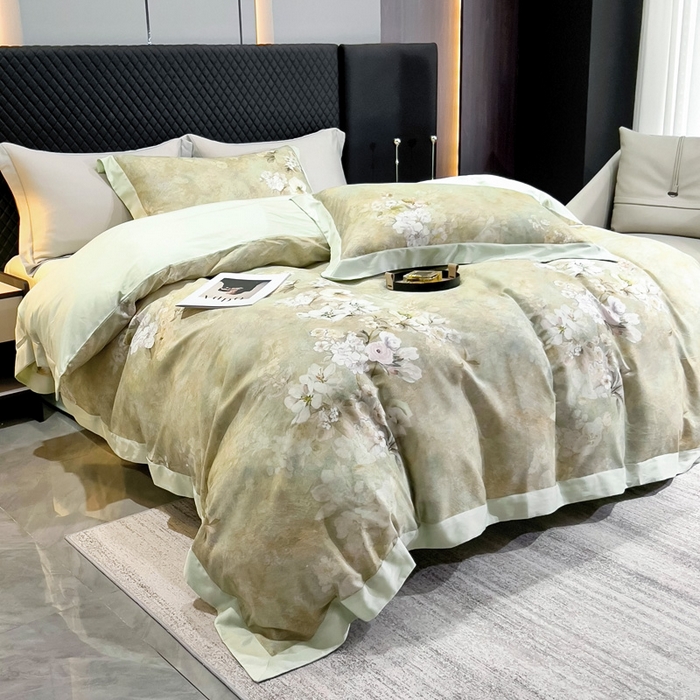 91家纺网 家纺一手货源 找家纺 氧家 2024新款数码印花天丝磨毛艾阳绒四件套 语蓉绿