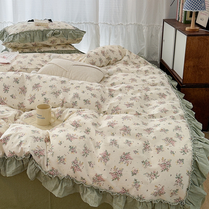 91家纺网 家纺一手货源 找家纺 昔可家纺 2024新款双层纱贴边全棉四件套 山野茉莉